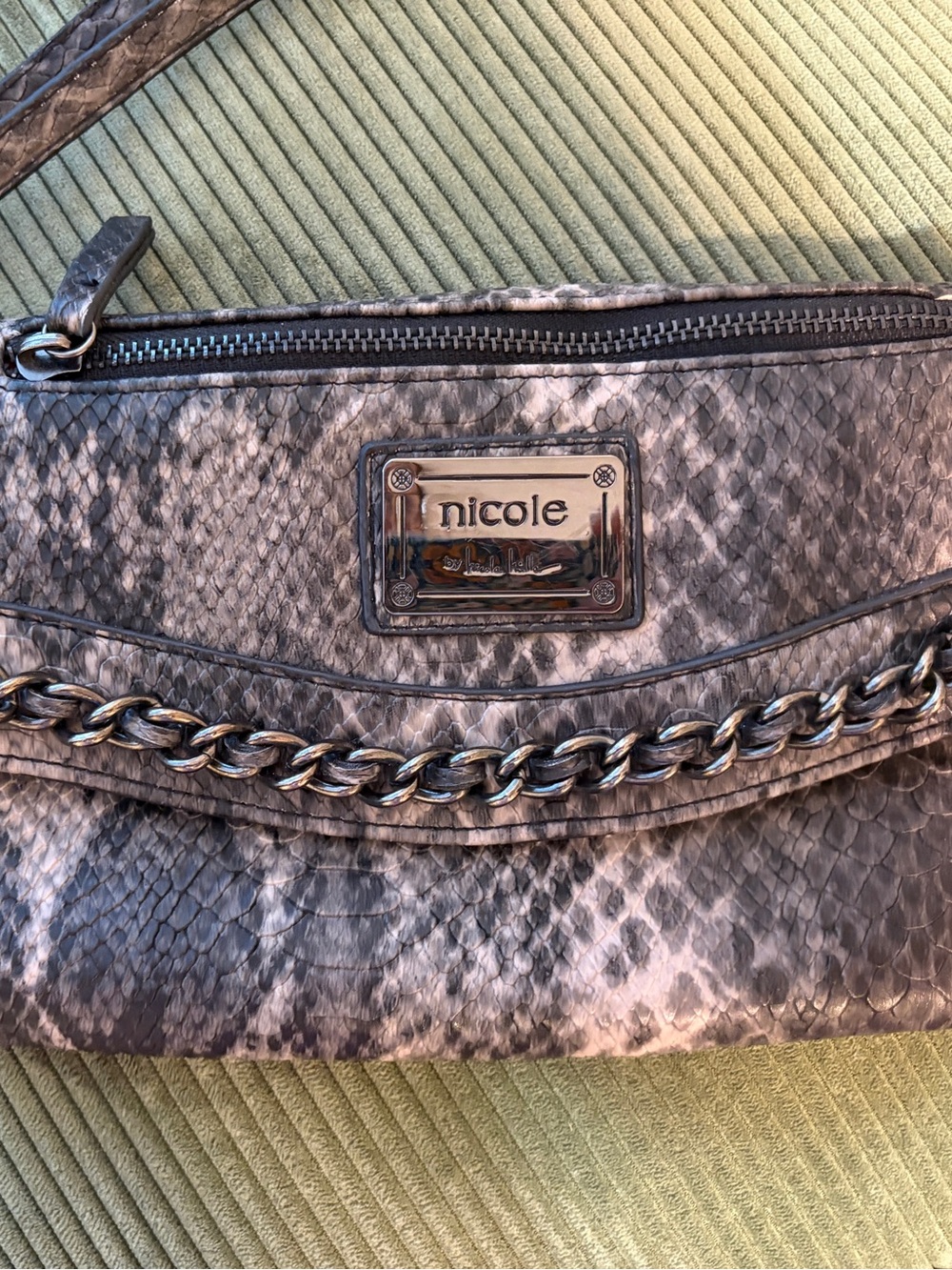 Nicole Gray Snakeskin-Print Chain Detail Clutch